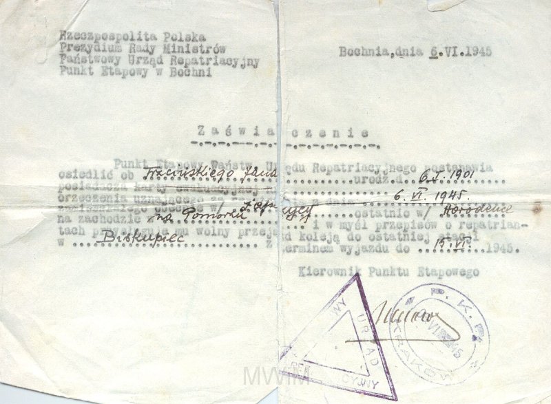 KKE 6089.jpg - Dok. Zaświadczenie uprawniające do darmowego przejazdu koleją dla Jana Trzcińskiego, Bochnia, 6 VI 1945 r.